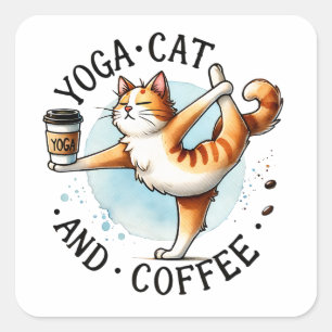 "Yoga Cat and Coffee" Funny Cat Lovers Square Sticker
