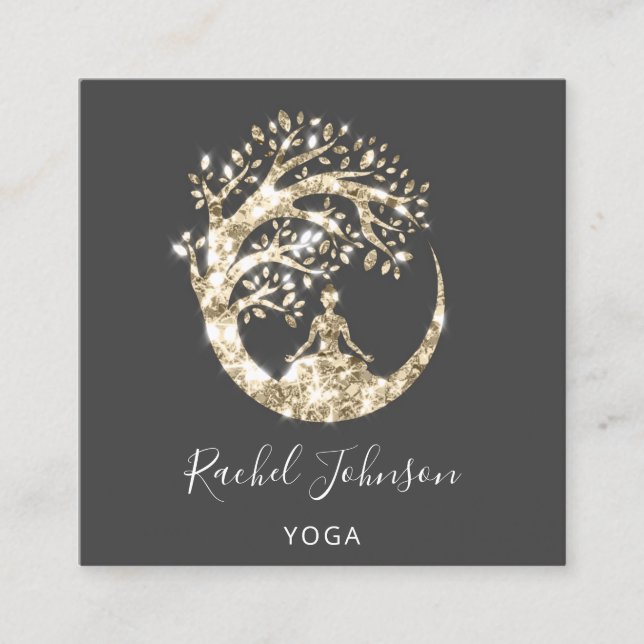 Yoga Classes School Logo Instructor QR Black Gold Square Business Card (Front)