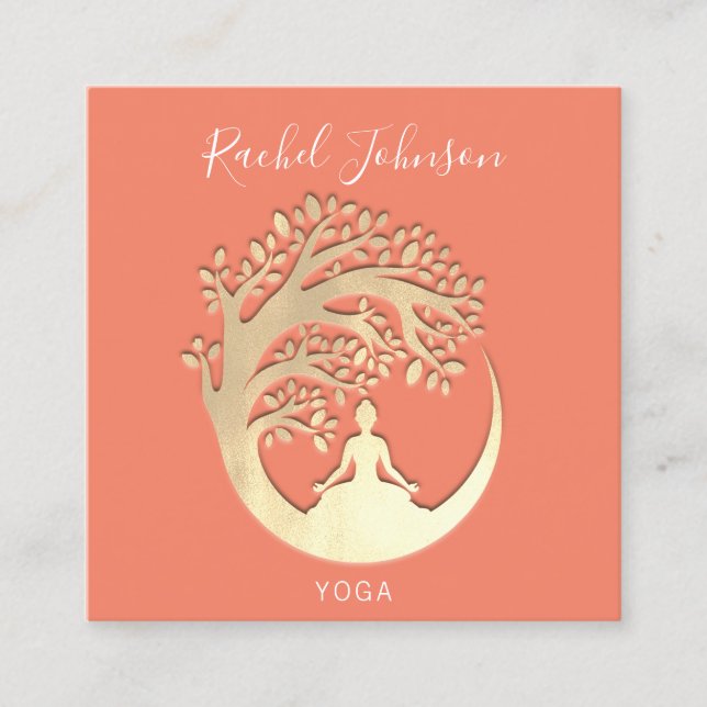 Yoga Classes School Private Instructor Qr Coral   Square Business Card (Front)