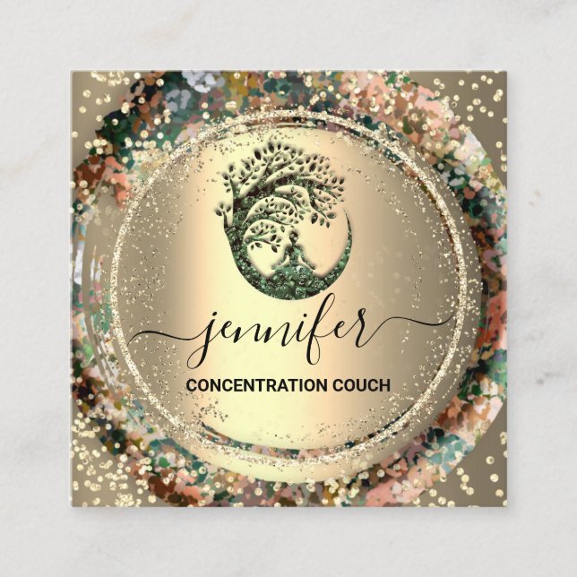 Yoga Couch Therapist Logo QR Code Gold Confetti Square Business Card (Front)