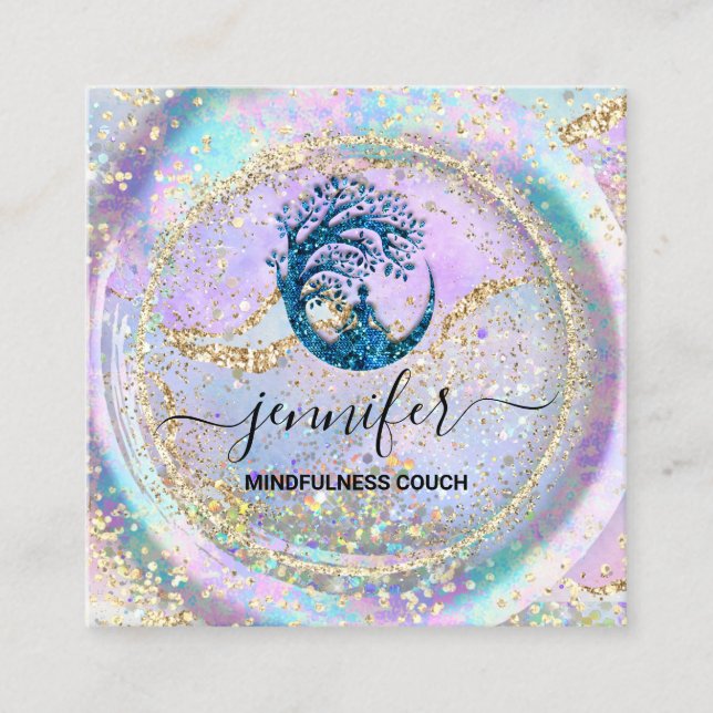 Yoga Couch Therapist Logo QR Code Holograph Blue Square Business Card (Front)