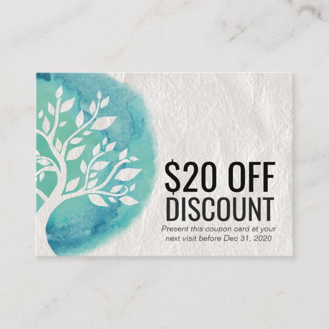 YOGA Discount Coupon Loyalty Watercolor Teal Tree (Front)