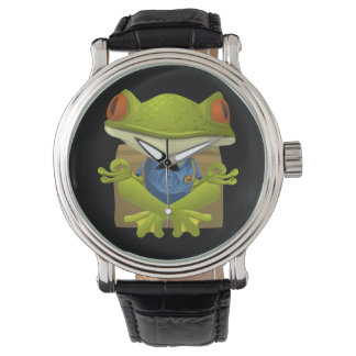 Yoga Frog Watch Vintage Leather Strap Black