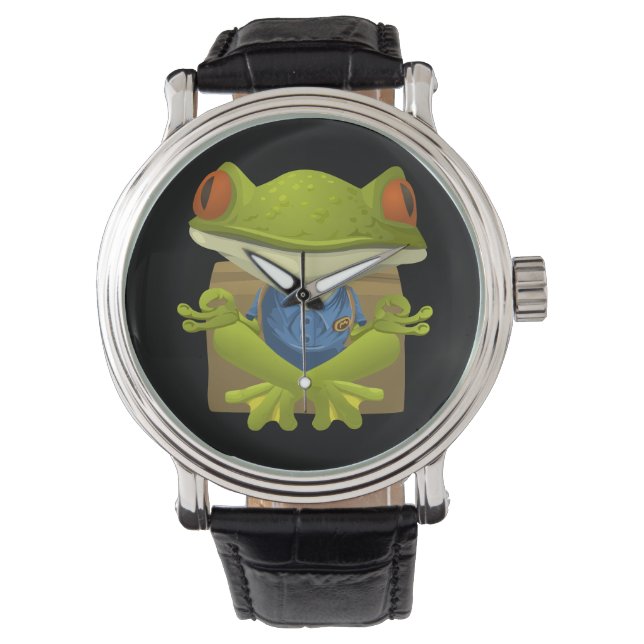Yoga Frog Watch Vintage Leather Strap Black (Front)