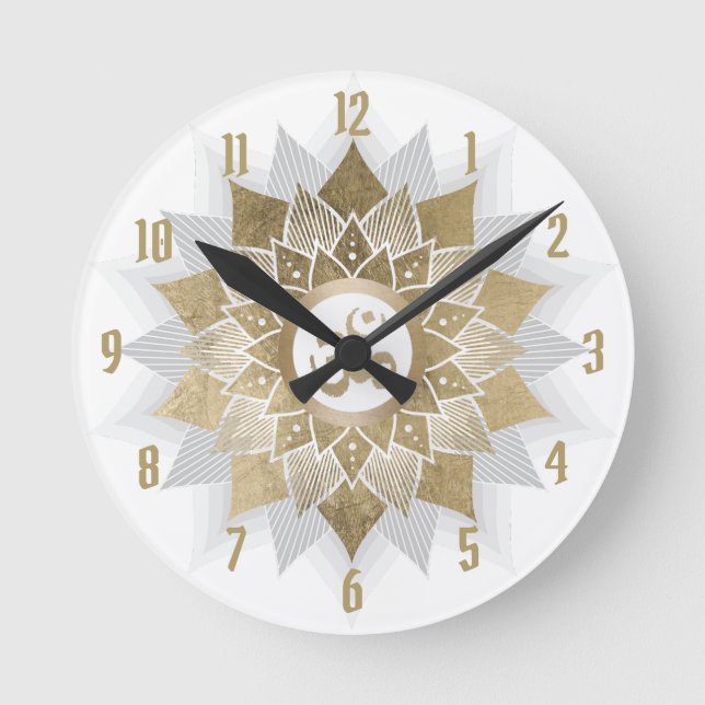 Yoga Gold Om Symbol Lotus Flower Mandala Round Clock (Front)