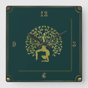 Yoga green square wall clock