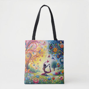 Yoga Harmony Woman and Birds in Blooming Garden Tote Bag