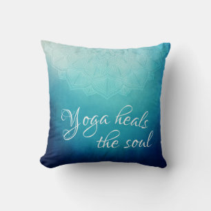 Yoga Heals the Soul Text with Blue Mandala Throw Pillow