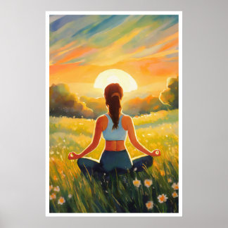 Yoga in the field at sunset poster