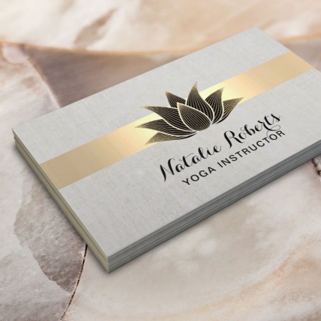 Yoga Instructor Black Lotus Gold Stripe Elegant Business Card (Creator Uploaded)