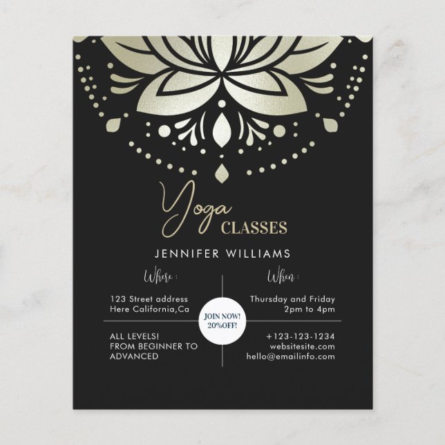 Yoga Instructor Classes Gold Lotus Mandala Black Flyer (Front)