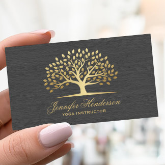 Yoga Instructor Gold Tree Elegant Grey Linen Business Card