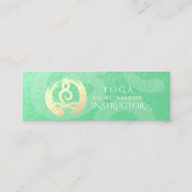 Yoga Instructor Green Gold Meditation Pose ZEN OM Mini Business Card (Front)