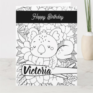 Yoga Instructor Koala Birthday Floral Colouring Card