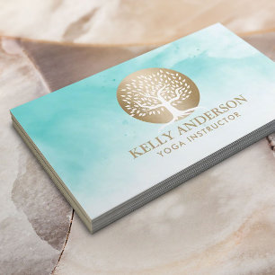 Yoga Instructor Life Coach Gold Tree Watercolor Business Card
