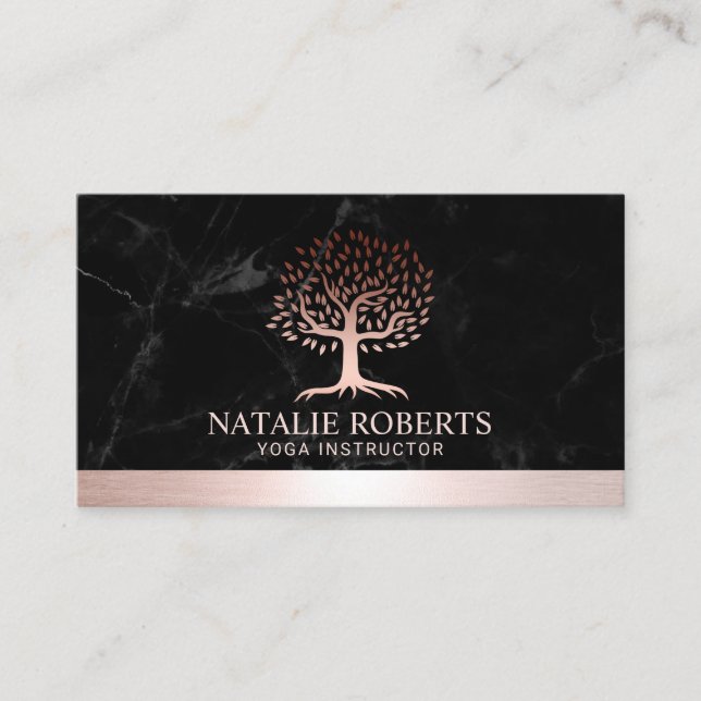 Yoga Instructor Life Tree Rose Gold Border Marble Business Card (Front)