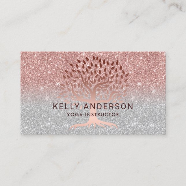 Yoga Instructor Life Tree Rose Gold Silver Ombre Business Card (Front)