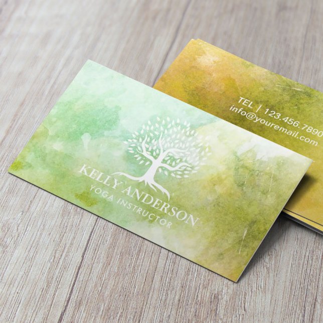 Yoga Instructor Life Tree Spring Watercolor Business Card (Creator Uploaded)