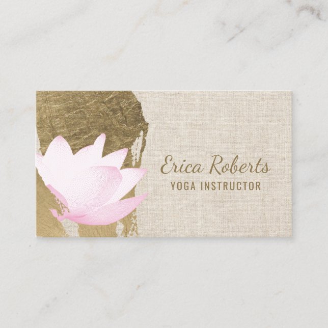 Yoga Instructor Lotus Gold Stroke Elegant Linen Business Card (Front)