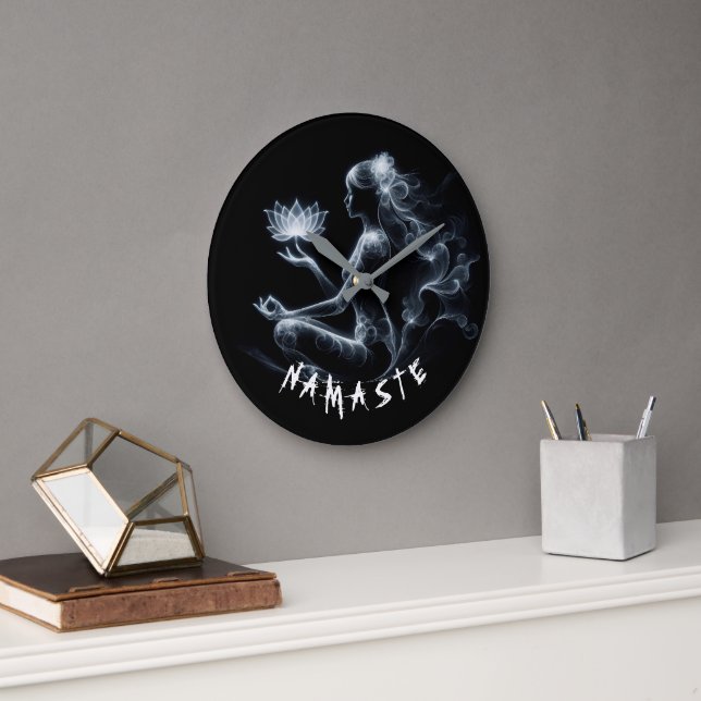 Yoga Instructor Lotus Meditation Pose Glowing Mist Large Clock (Office)