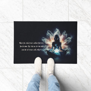 Yoga Instructor Meditation Pose Glowing Mist Lotus Doormat