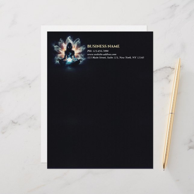 Yoga Instructor Meditation Pose Glowing Mist Lotus Letterhead (Front/Back In Situ)