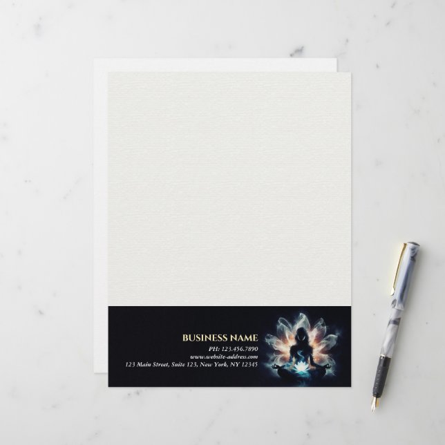 Yoga Instructor Meditation Pose Glowing Mist Lotus Letterhead (Front/Back In Situ)