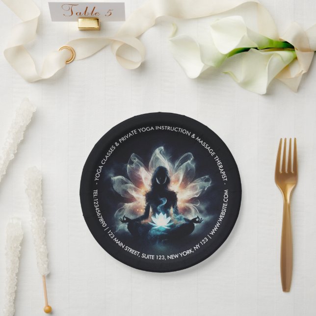 Yoga Instructor Meditation Pose Glowing Mist Lotus Paper Plate (Wedding)