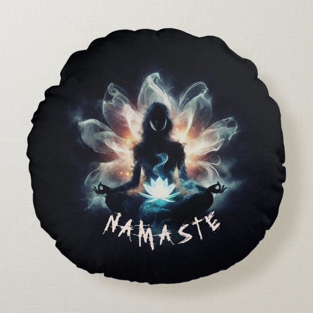Yoga Instructor Meditation Pose Glowing Mist Lotus Round Pillow (Front)