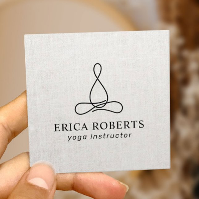 Yoga Instructor Minimalist Line Logo Elegant Linen Square Business Card (Creator Uploaded)