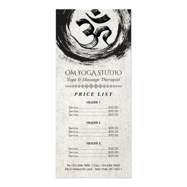 YOGA Instructor Price List Calligraphy OM ZEN Sign Rack Card (Front)