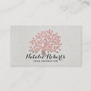 Yoga Instructor Rose Gold Tree Elegant Linen Business Card