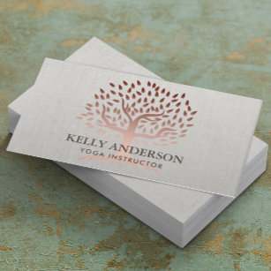 Yoga Instructor Rose Gold Tree Elegant Linen Business Card