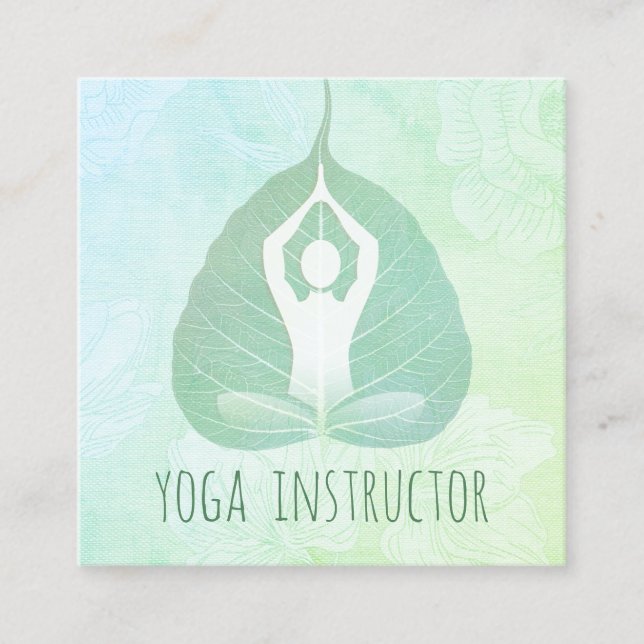 Yoga Instructor Studio Meditation Pose Bodhi Leaf  Square Business Card (Front)