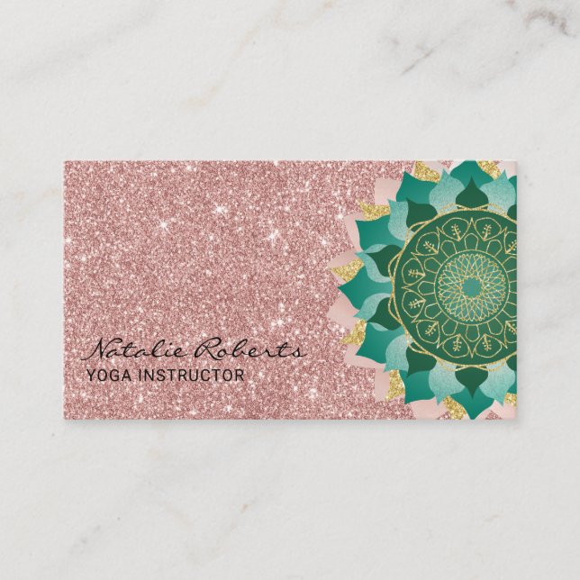 Yoga Instructor Teal Rose Gold Glitter Mandala Business Card (Front)