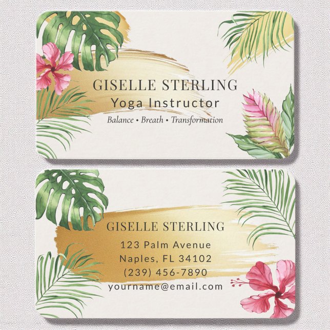 Yoga Instructor Tropical Gold Brushed Watercolor Business Card (Creator Uploaded)
