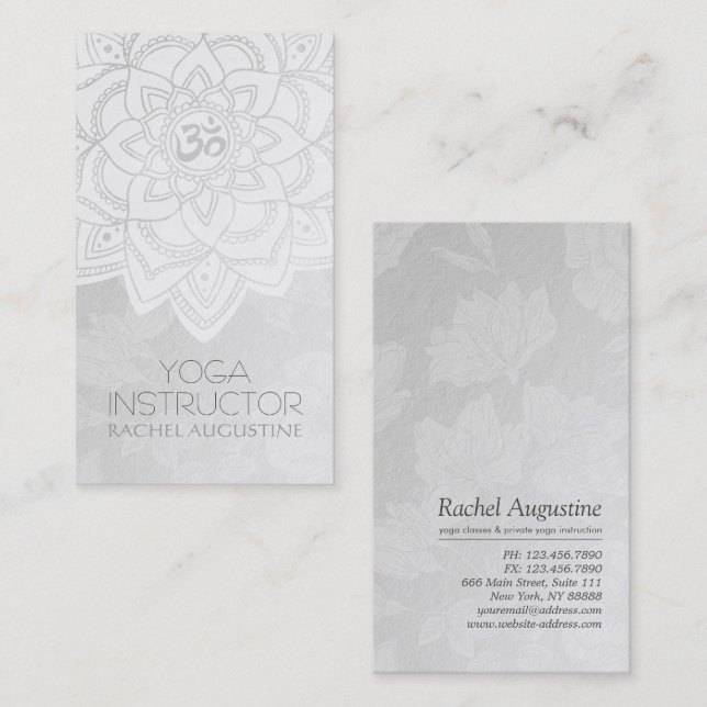 YOGA Instructor White & Silver Mandala OM Symbol Business Card (Front/Back)