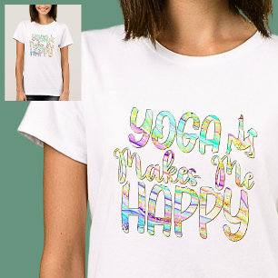 Yoga Makes Me Happy Pastel Marbled on White T-Shirt