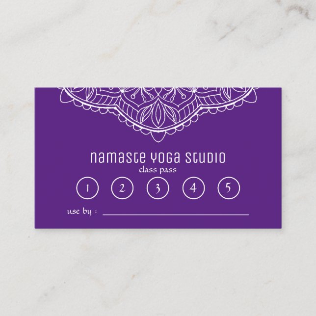 Yoga Meditation Class Pass Purple Handrawn Mandala Loyalty Card (Front)