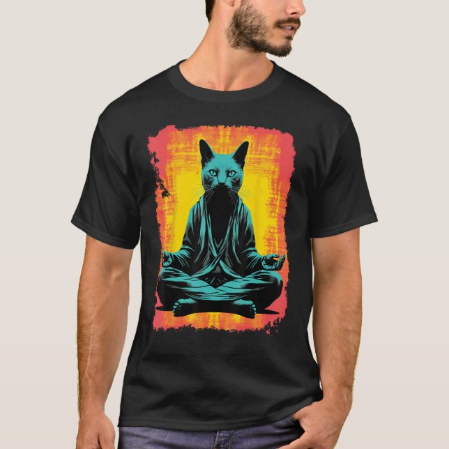 Yoga Meditation Funny Black Cat T-Shirt (Front)