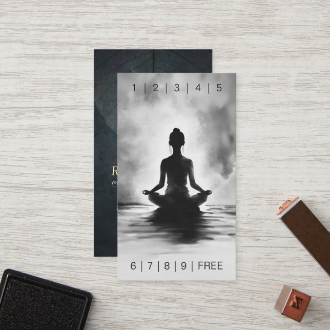 Yoga Meditation Instructor Black White InkPainting Loyalty Card (Front/Back In Situ)