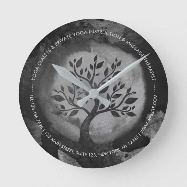Yoga Meditation Instructor Black & White Tree Logo Round Clock (Front)