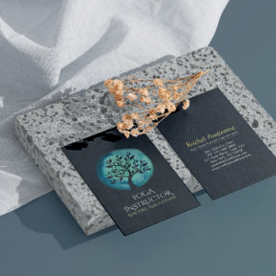 Yoga Meditation Instructor Elegant Black Teal Tree Business Card