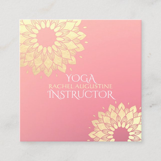 Yoga Meditation Instructor Gold Floral Mandala Square Business Card (Front)