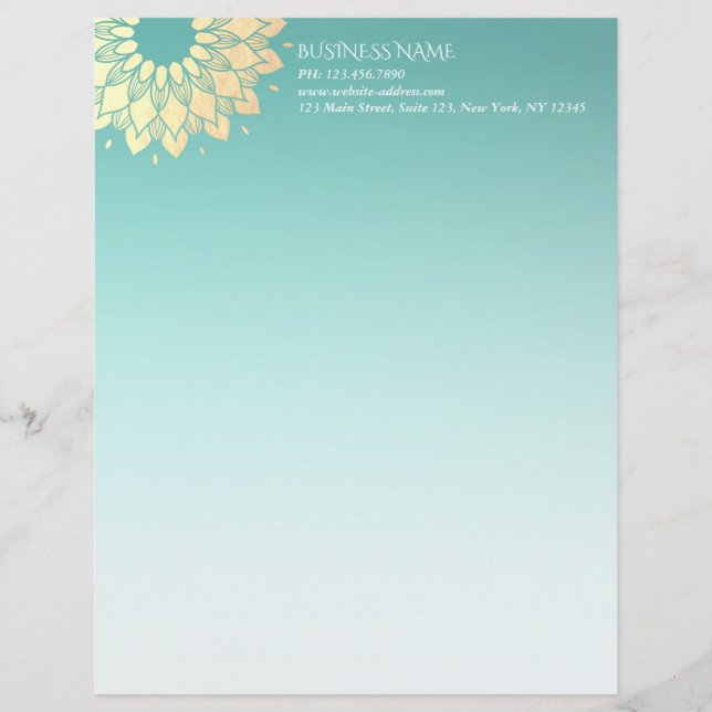 Yoga Meditation Instructor Gold Mandala Flowers Letterhead (Front)