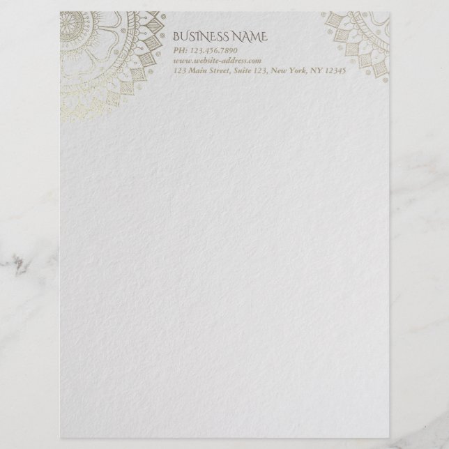 Yoga Meditation Instructor Gold Mandala Flowers Letterhead (Front)
