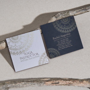 Yoga Meditation Instructor Gold Mandala Navy Blue Square Business Card