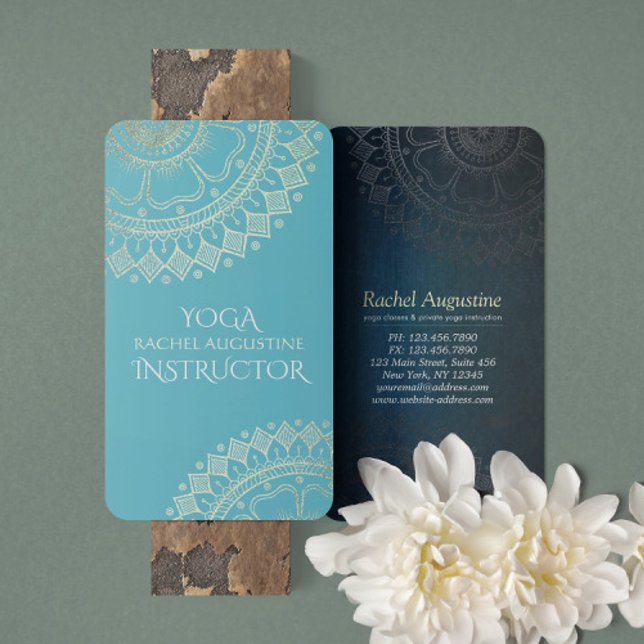 Yoga Meditation Instructor Green Blue Gold Mandala Business Card (Creator Uploaded)