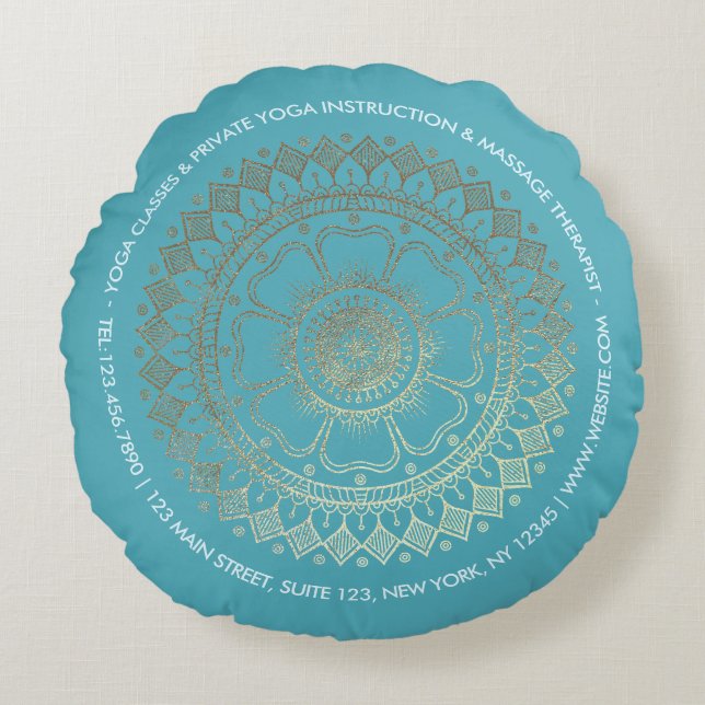 Yoga Meditation Instructor Green Blue Gold Mandala Round Pillow (Front)