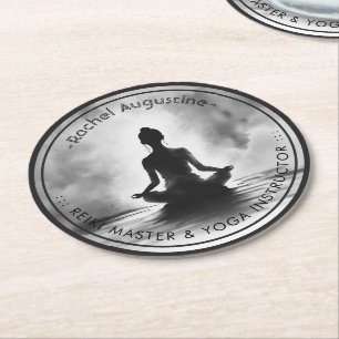Yoga Meditation Instructor Lotus Pose Ink Painting Round Paper Coaster
